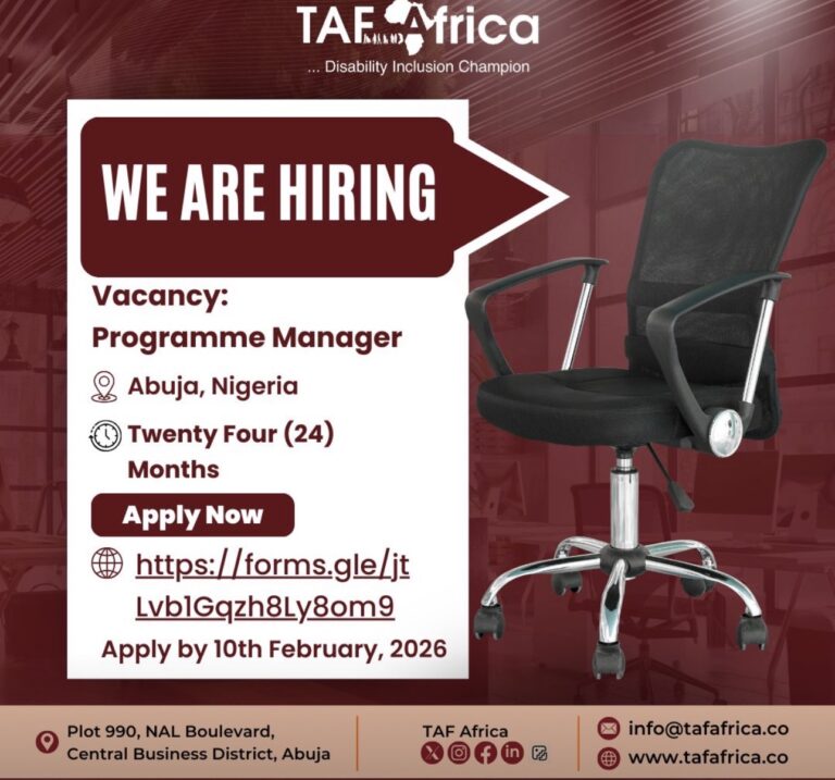 VACANCY ANNOUNCEMENT: PROGRAMME MANAGER at TAF Africa
