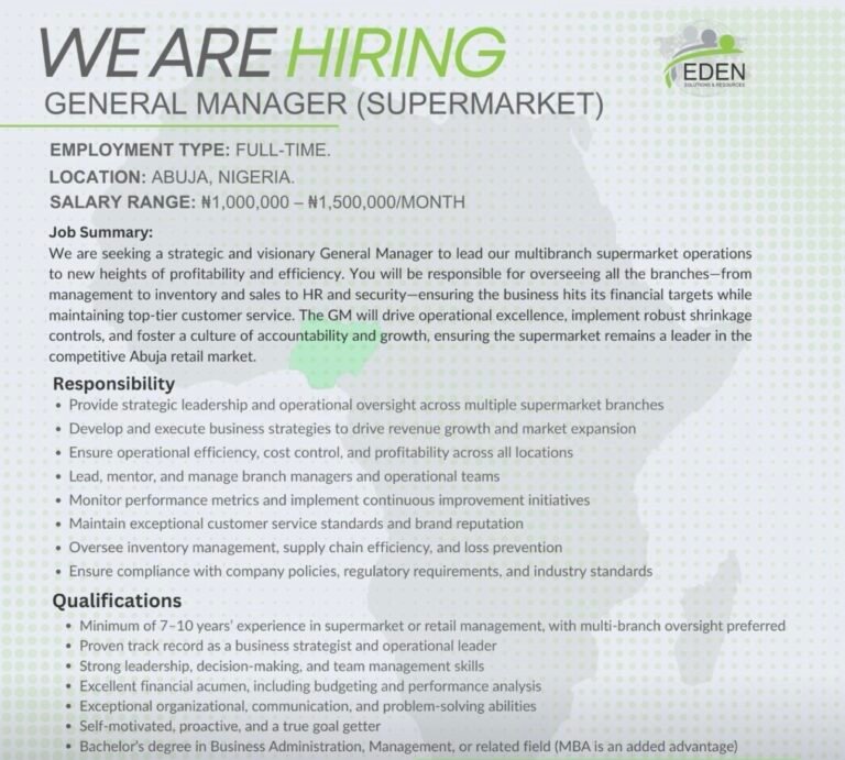 Vacancies for GENERAL MANAGER (SUPERMARKET OPERATIONS)
