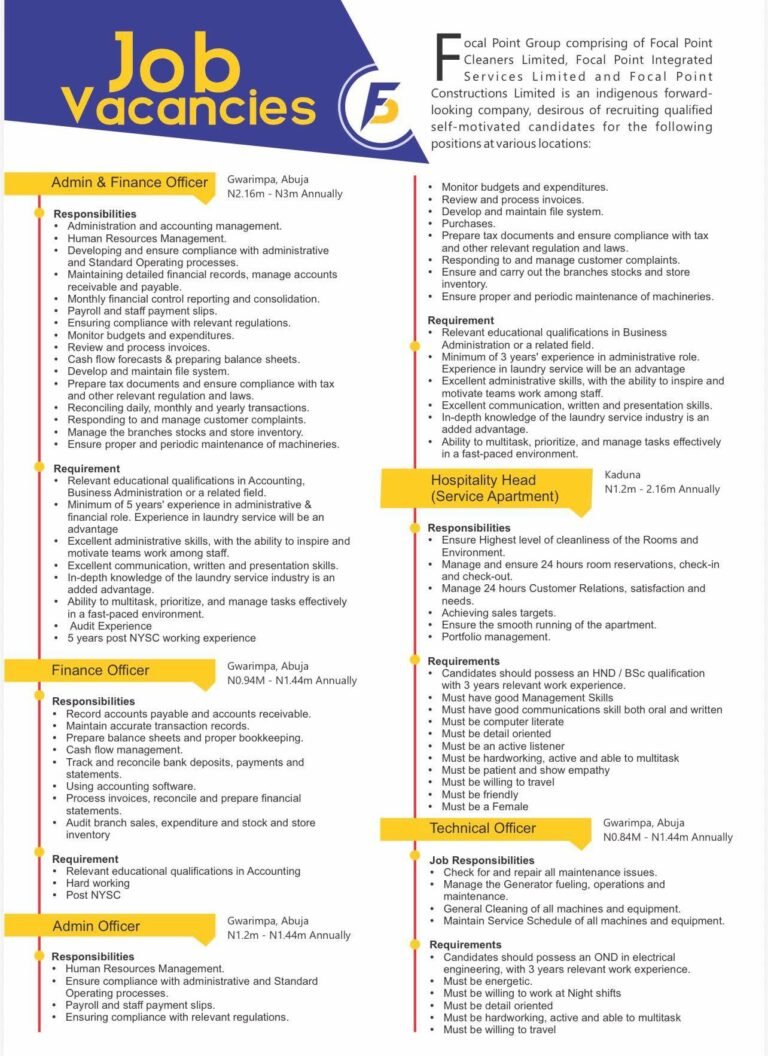 Vacancies at Focal Point Group in Abuja & Kaduna