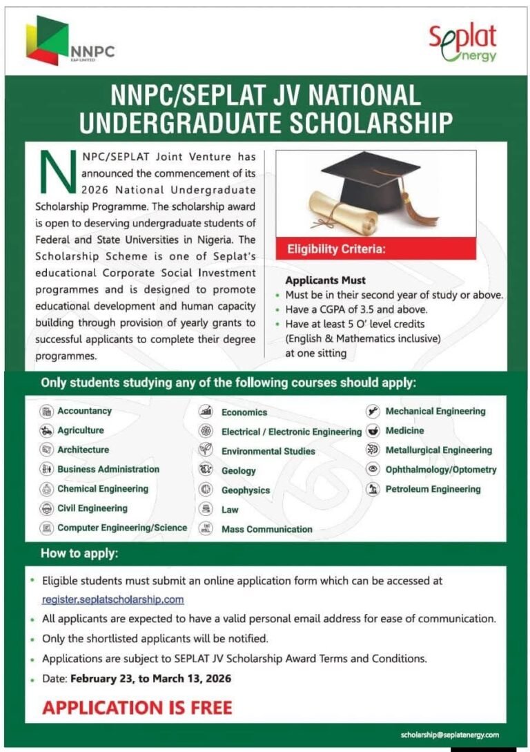 NNPC SEPLAT Joint Venture National Undergraduate Scholarship Programme 2026