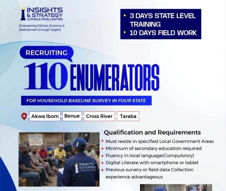Insight & strategy consulting limited are recruiting Enumerators in Nigeria