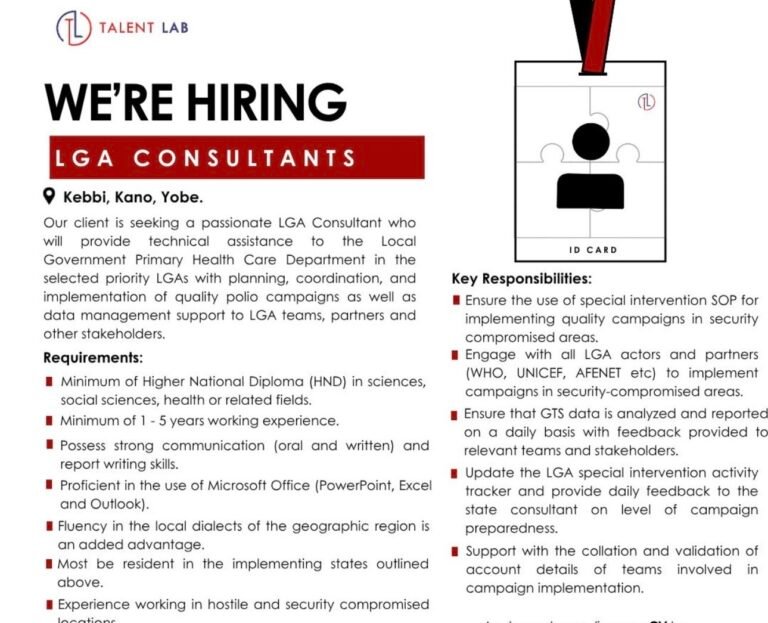 Talent Lab Ltd is recruiting LGA Consultants In Kano Kebbi and Yobe