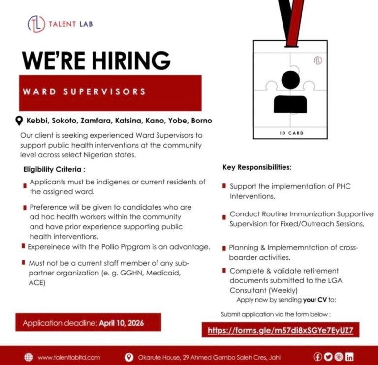 Job Opportunity Ward Supervisors at Talent Lab