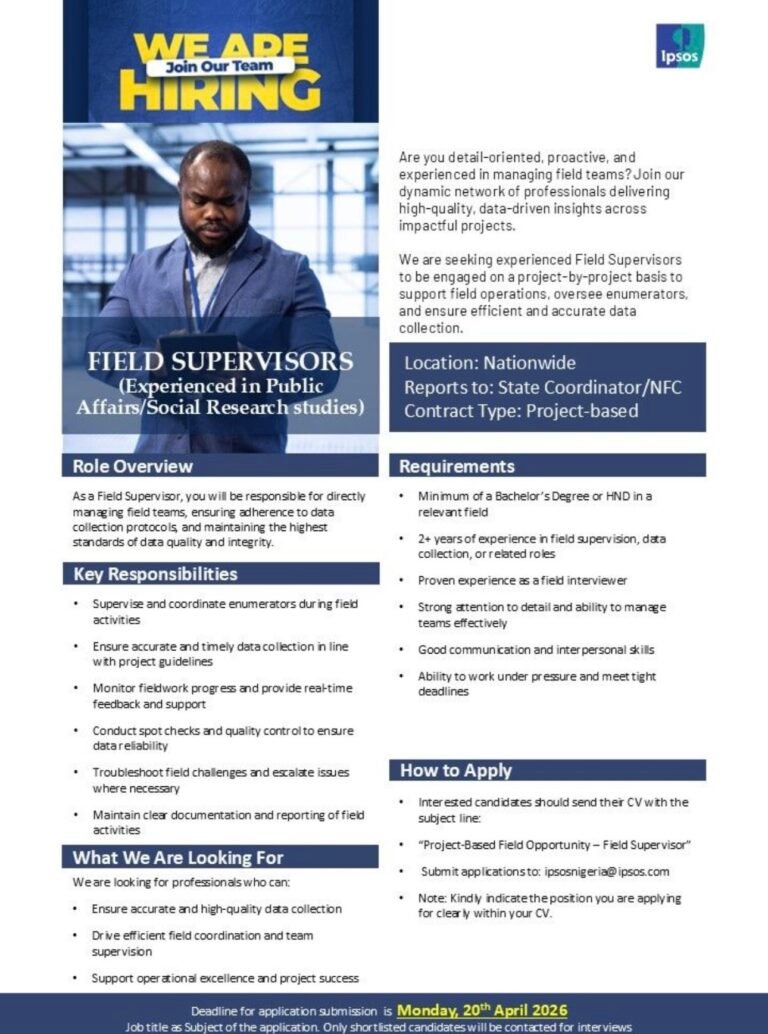 IPSOS NIGERIA – FIELD SUPERVISORS (PROJECT-BASED RECRUITMENT)