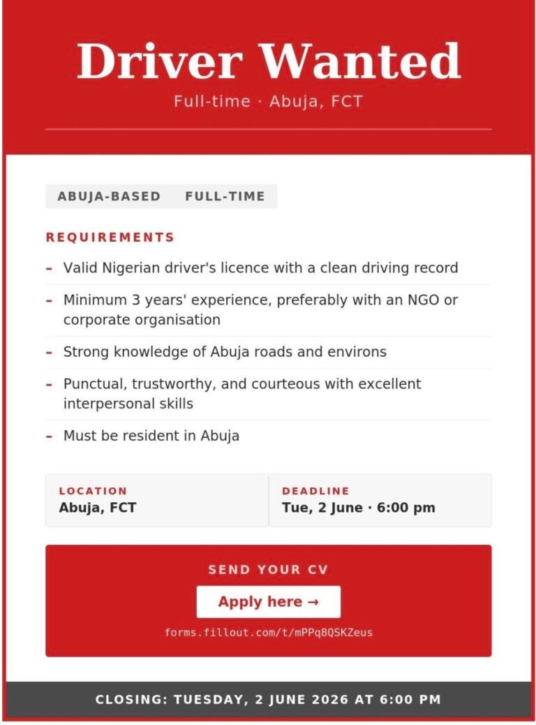 ACE Charity Is recruiting Driver in Abuja