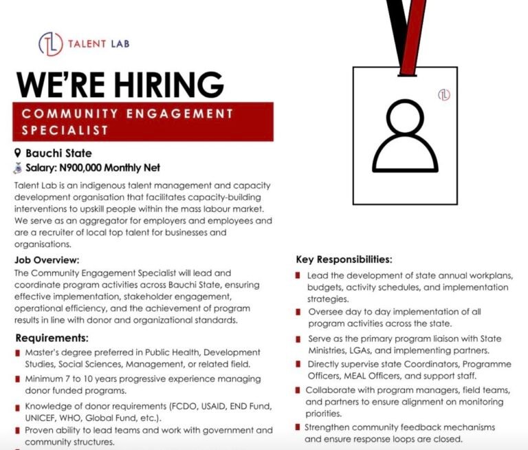 COMMUNITY ENGAGEMENT SPECIALIST Job in Bauchi