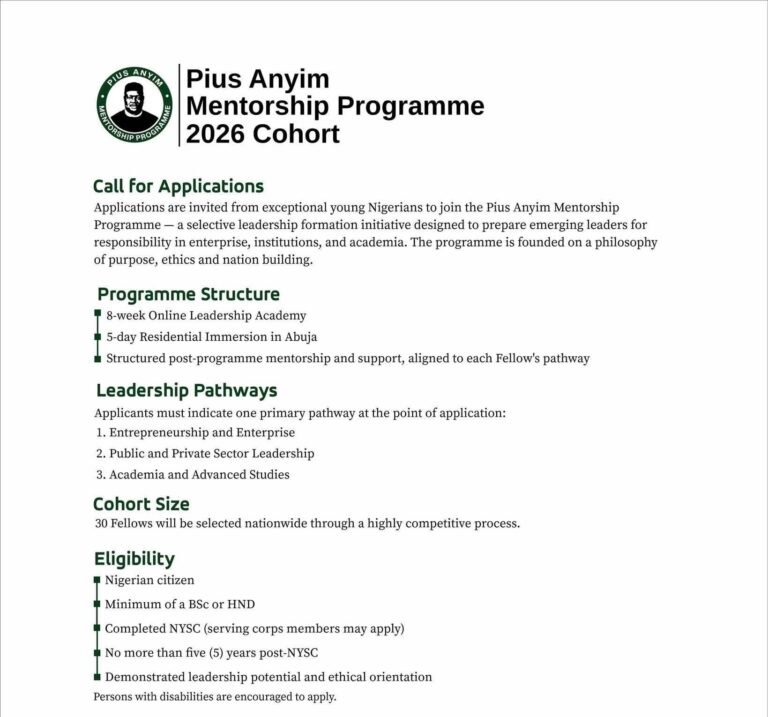 Pius Anyim Mentorship Programme (PAM-P) 2026 Cohort – Call for Applications